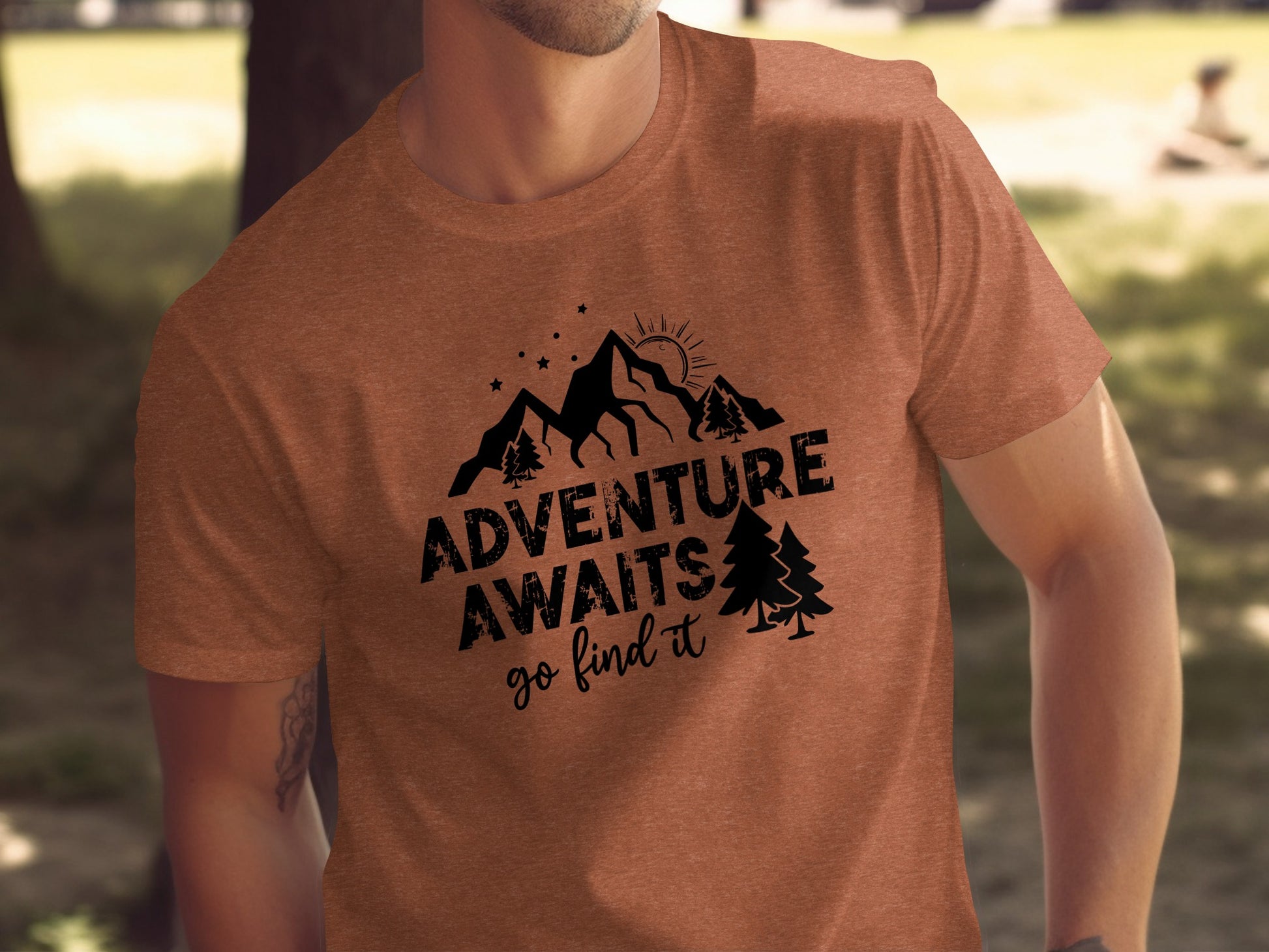 Adventure Awaits Go Find It Mountains Trees and Sun T-Shirt T-Shirt - Outdoor & Adventure Collection - Mile Marker 16 Gear by Cloud 16 Clothing Co.