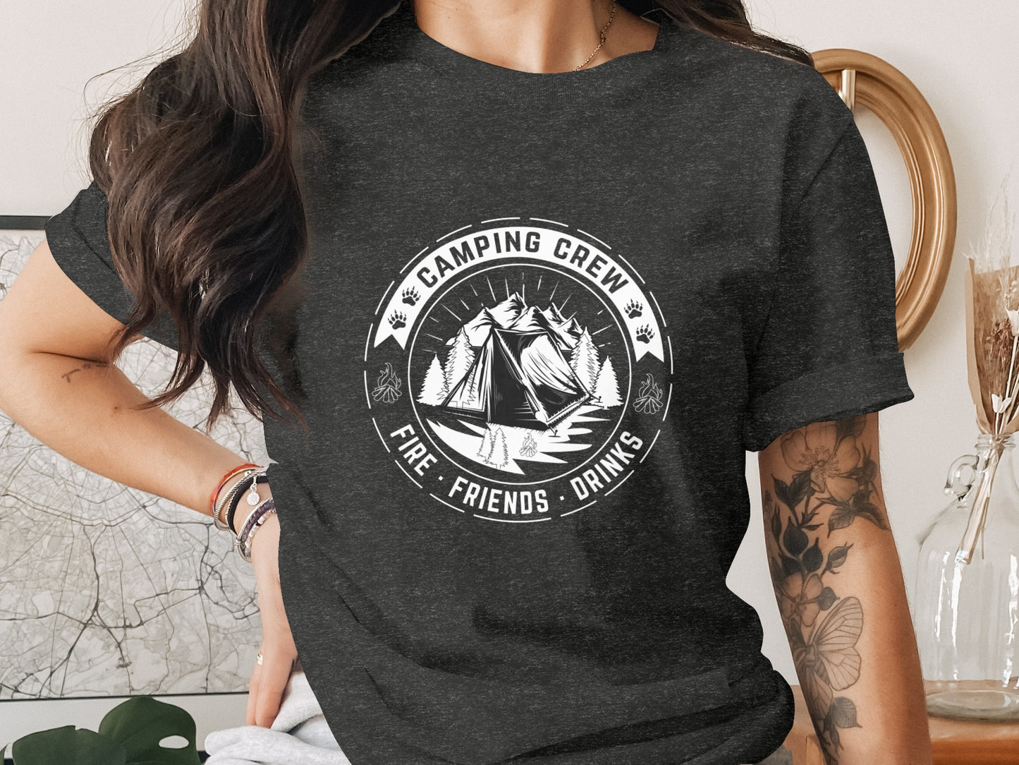 Camping Crew Friends Drinks Fire Tent Mountain Scene T-Shirt T-Shirt - Outdoor & Adventure Collection - Mile Marker 16 Gear by Cloud 16 Clothing Co.