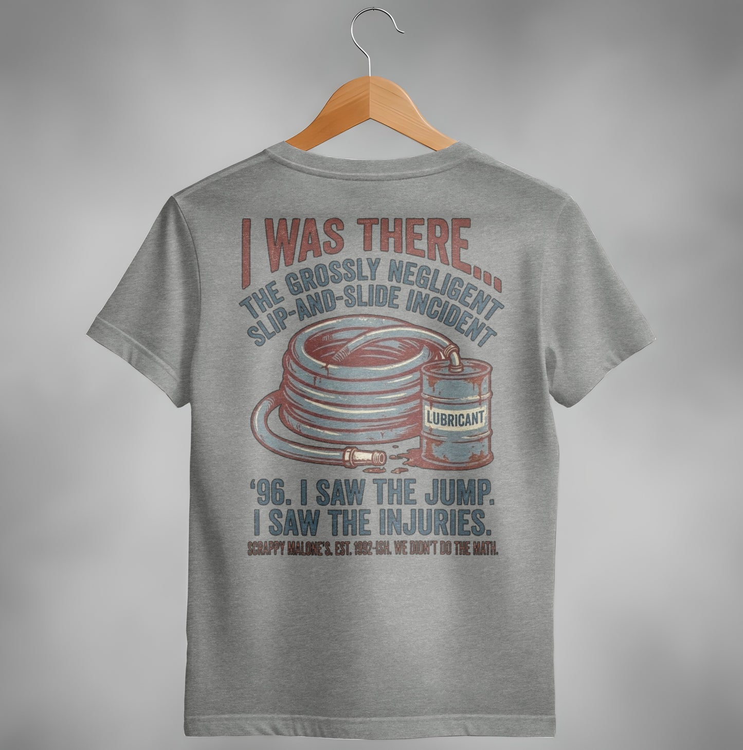 Grey t-shirt with "Slip-and-slide incident" and lubricant imagery.