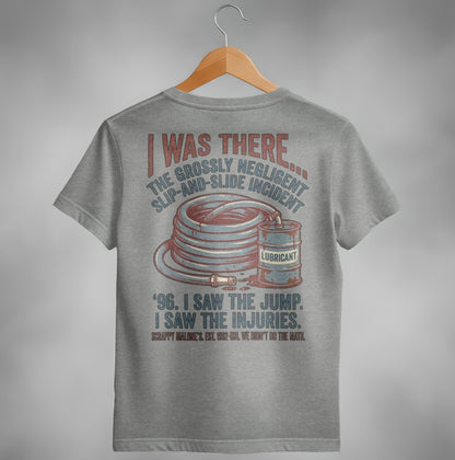 Grey t-shirt with "Slip-and-slide incident" and lubricant imagery.