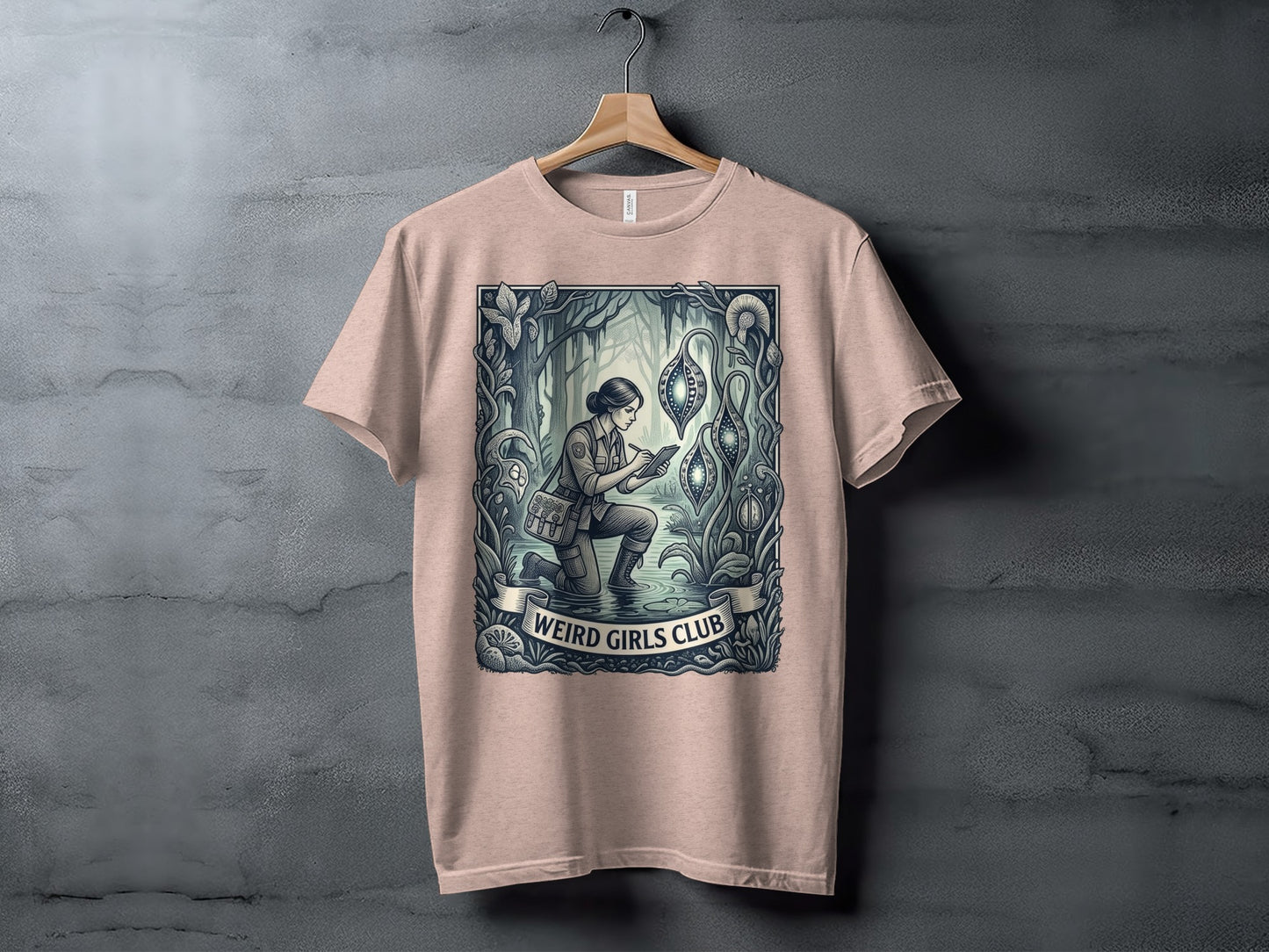 T-shirt with a woman in uniform examining glowing plants, "Weird Girls Club" text below.