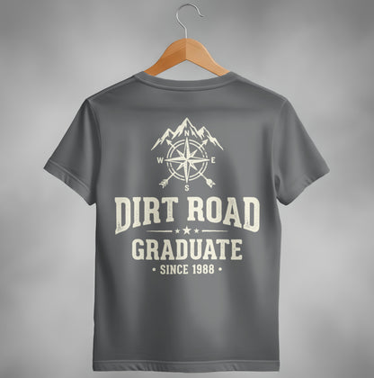 Gray t-shirt with "Dirt Road Graduate" and compass graphic.