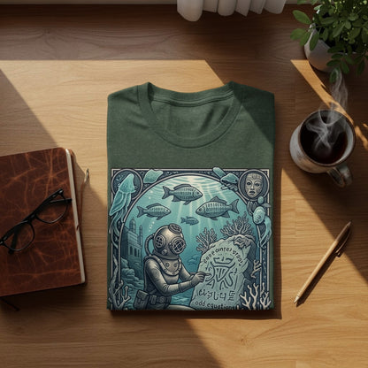 Green t-shirt with vintage diver and underwater scene design, including "odd equations."