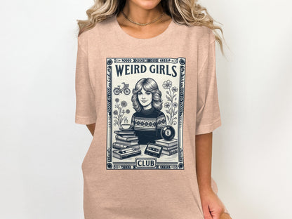 "Weird Girls Club" graphic t-shirt with retro illustration of a woman and cassette tape.