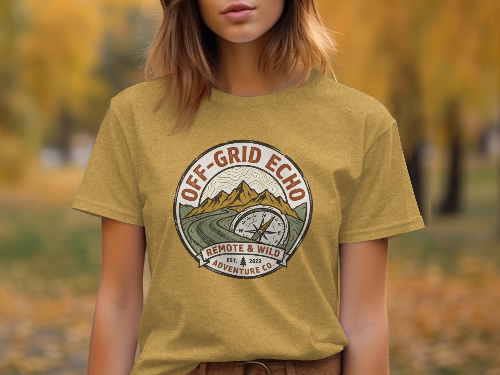 Off-Grid Echo Explorer: The Explorer's Adventure Tee: Yellow t-shirt with circular "Off-Grid Echo Remote & Wild Adventure Co." logo.