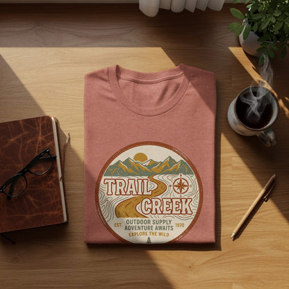 Heritage Heritage Explorer Trail Creek Nomad Tee: Trail Creek t-shirt with outdoor scene and compass logo.