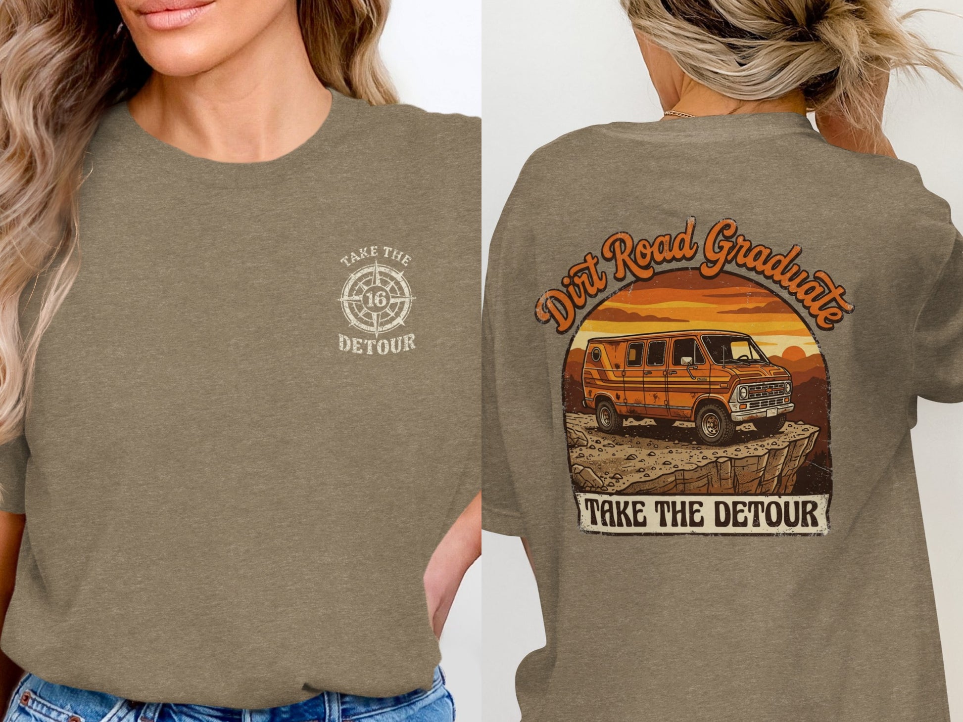 T-shirt with "Dirt Road Graduate Take The Detour" text and van graphic.
