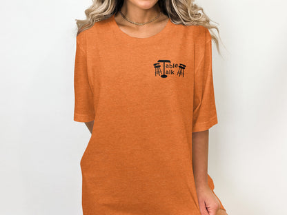 Stylish Orange Table Talk Graphic Tee Perfect for Casual Wear