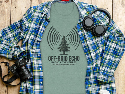 Off-Grid Radio Adventures | Vintage Outdoor Apparel: Green t-shirt with "Off-Grid Echo" and radio tower graphic.