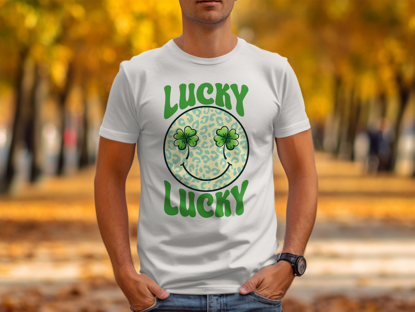 Lucky Lucky Smiley Four Leaf Clover Graphic Tee
