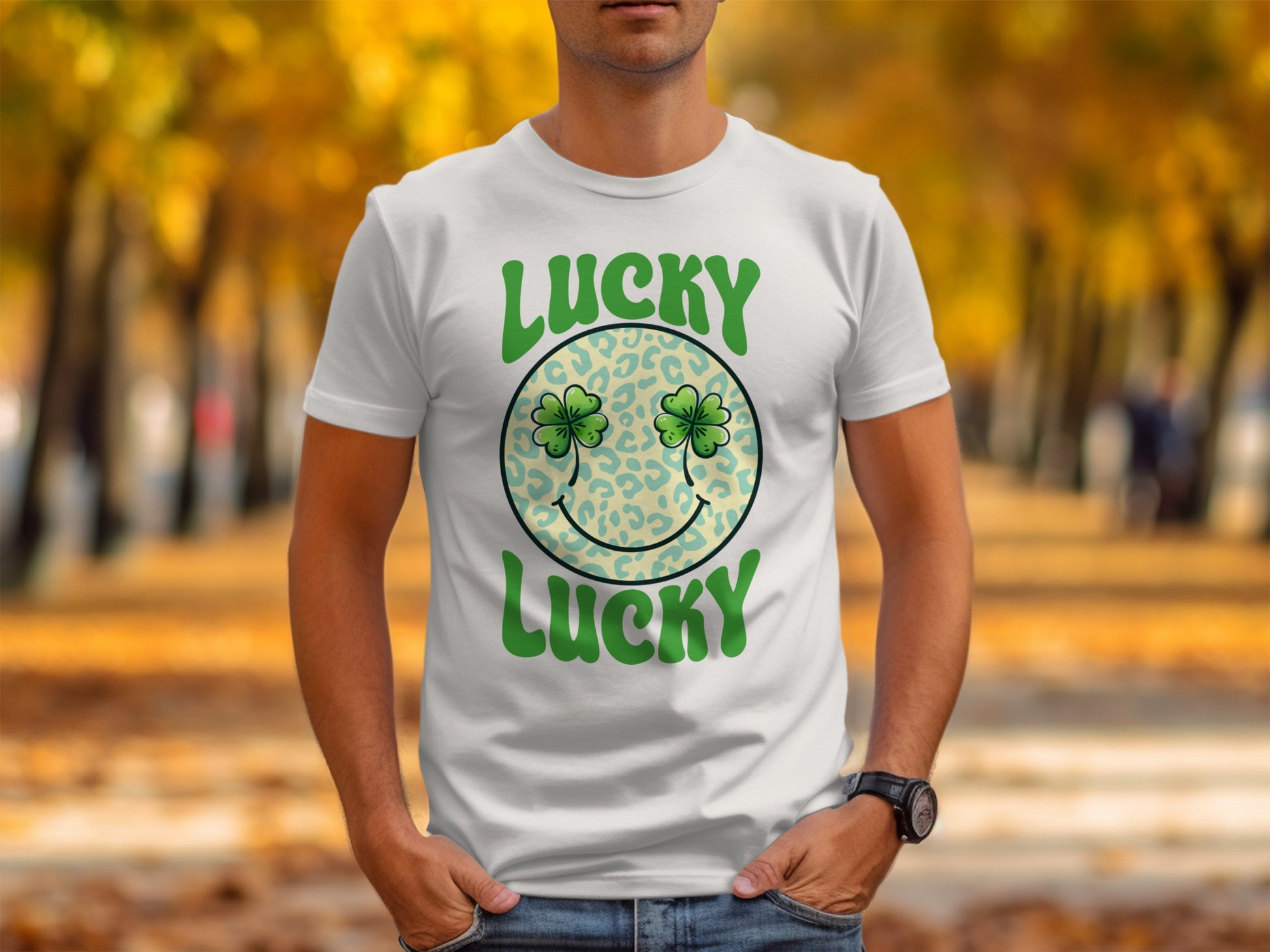 Lucky Lucky Smiley Four Leaf Clover Graphic Tee