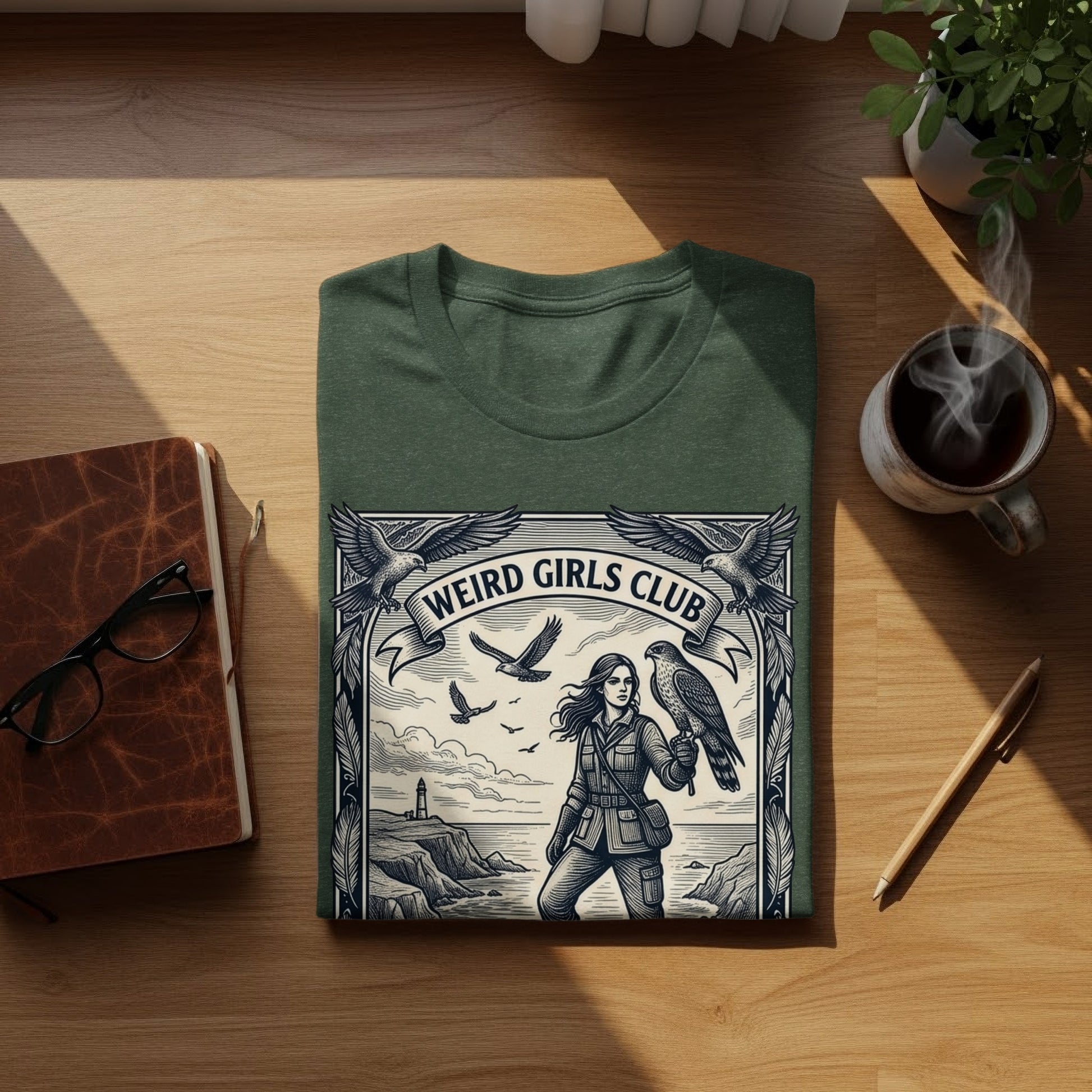 Green t-shirt with "Weird Girls Club" text and a woman holding a hawk.