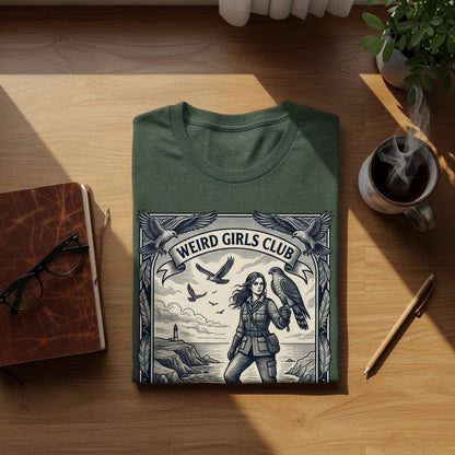 Green t-shirt with "Weird Girls Club" text and a woman holding a hawk.