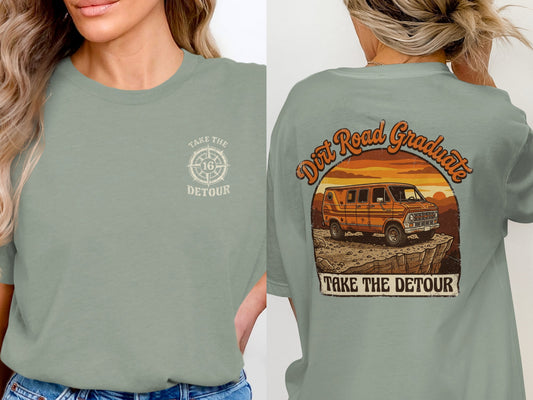 Two-sided t-shirt with "Take the Detour" compass logo and vintage van graphic.