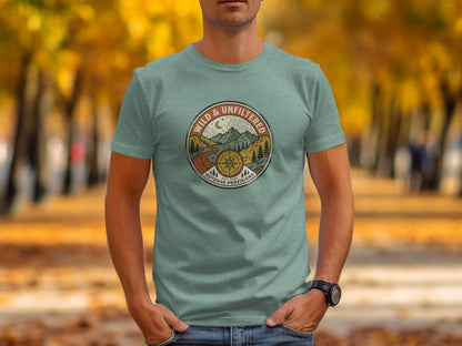 Rugged Wild & Unfiltered Explorer Wilderness Shirt: Gray t-shirt with round "Wild & Unfiltered Outdoor Provisions" graphic.