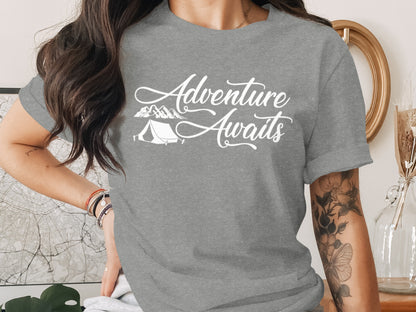 Adventure Awaits Tent Mountains Graphic Design T-Shirt T-Shirt - Outdoor & Adventure Collection - Mile Marker 16 Gear by Cloud 16 Clothing Co.