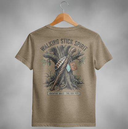 Walking Stick Spirit shirt with tree, feather, and compass illustration.