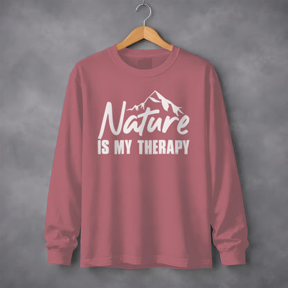 Nature Is My Therapy Mountain Graphic Text Long Sleeve T-Shirt Long Sleeve Tee - Outdoor & Adventure Collection - Mile Marker 16 Gear by Cloud 16 Clothing Co.