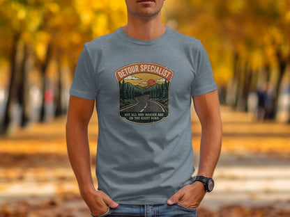 Heritage Detour Specialist Vintage Graphic Nomad Tee: Grey t-shirt with "Detour Specialist" text and scenic road graphic.