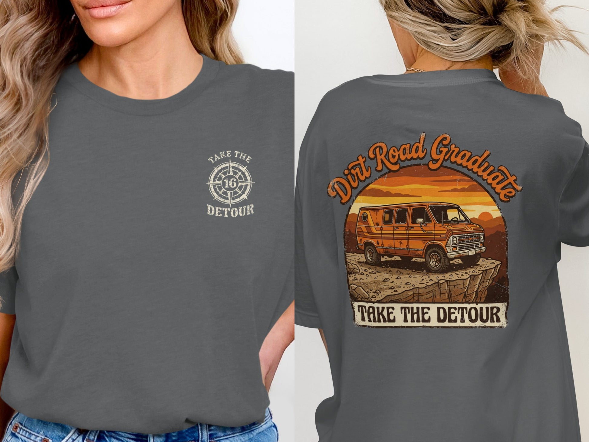 T-shirt with "Take the Detour" logo on front and vintage van graphic on back.