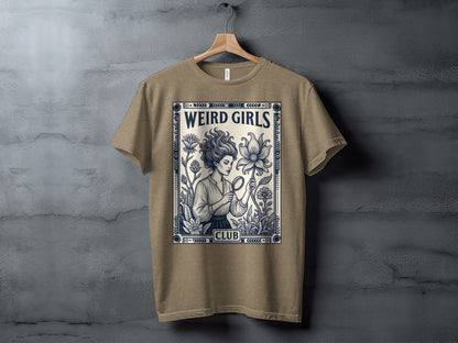 T-shirt with "Weird Girls Club" text and woman with magnifying glass studying a flower.