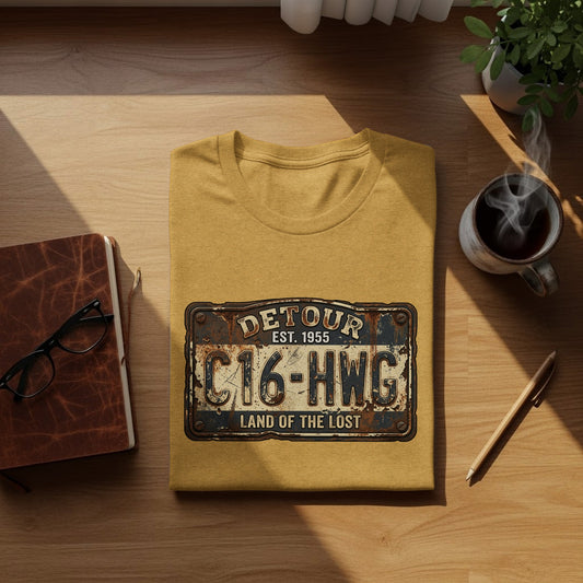 Land of the Lost Detour Plate: The Explorer's Adventure Tee: Yellow t-shirt with "Detour C16-HWG Land of the Lost Est. 1955" license plate graphic.
