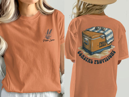 Orange t-shirt with "Puka Luna" on front and cooler graphic on back.
