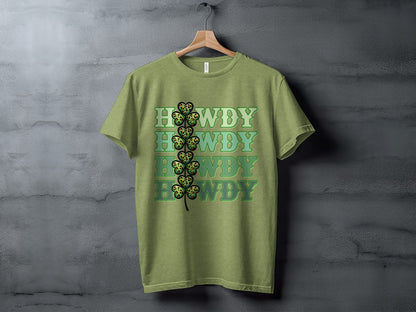 Green Howdy with Clover Design Typography Shirt