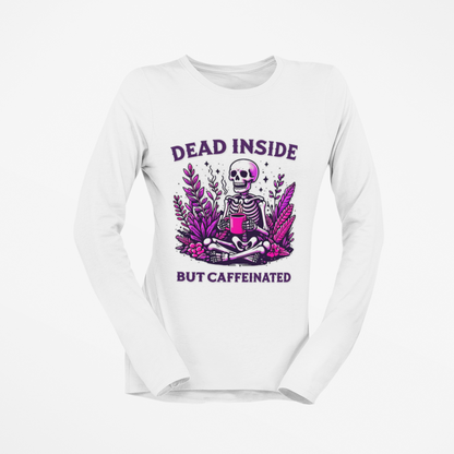 White long-sleeve shirt with a graphic design featuring a skeleton and text on a white background