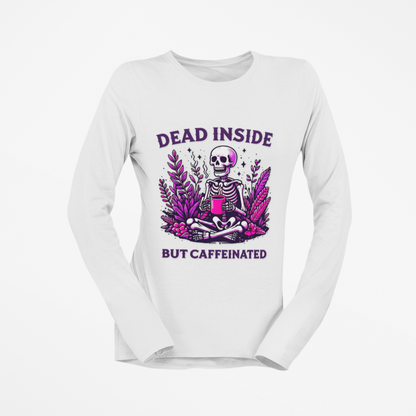 White long-sleeve shirt with a graphic design featuring a skeleton and text on a white background