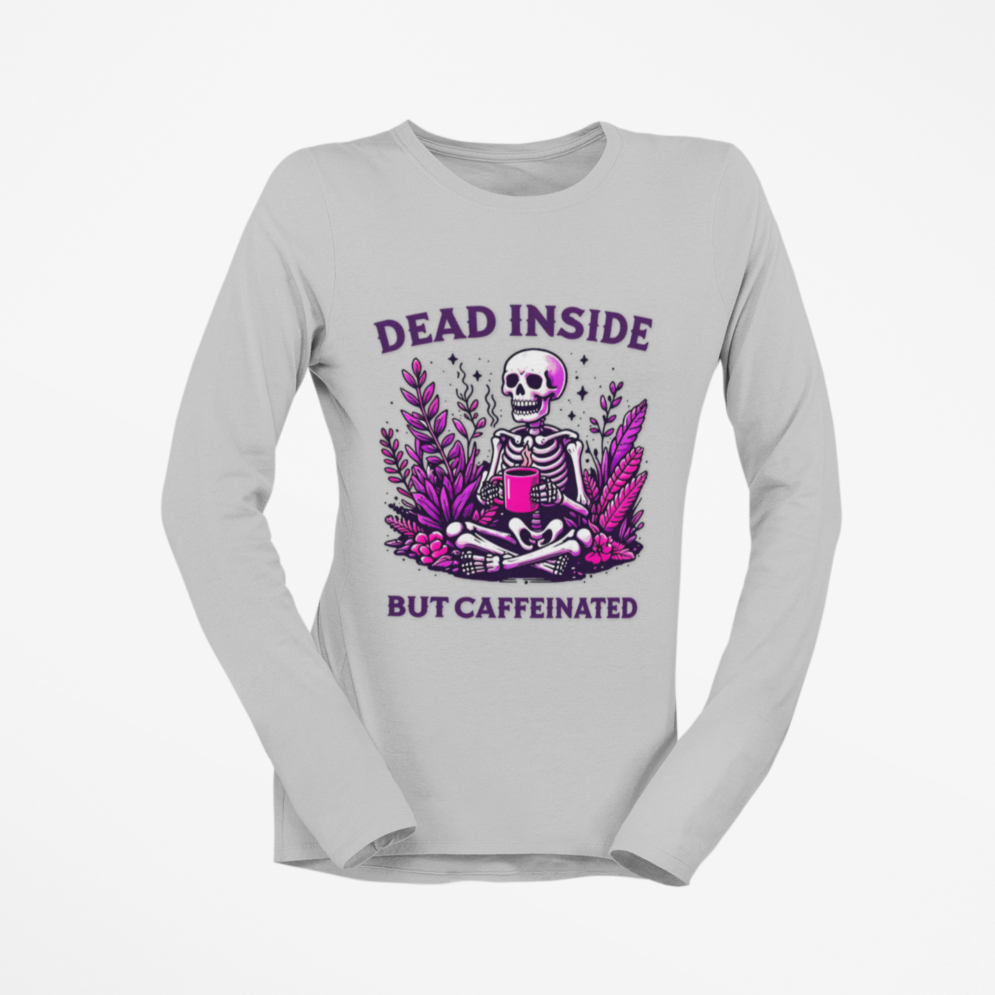 Gray long-sleeve shirt with a graphic design featuring a skeleton and text on a white background