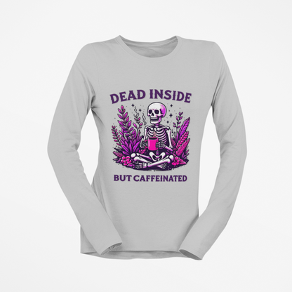 Gray long-sleeve shirt with a graphic design featuring a skeleton and text on a white background