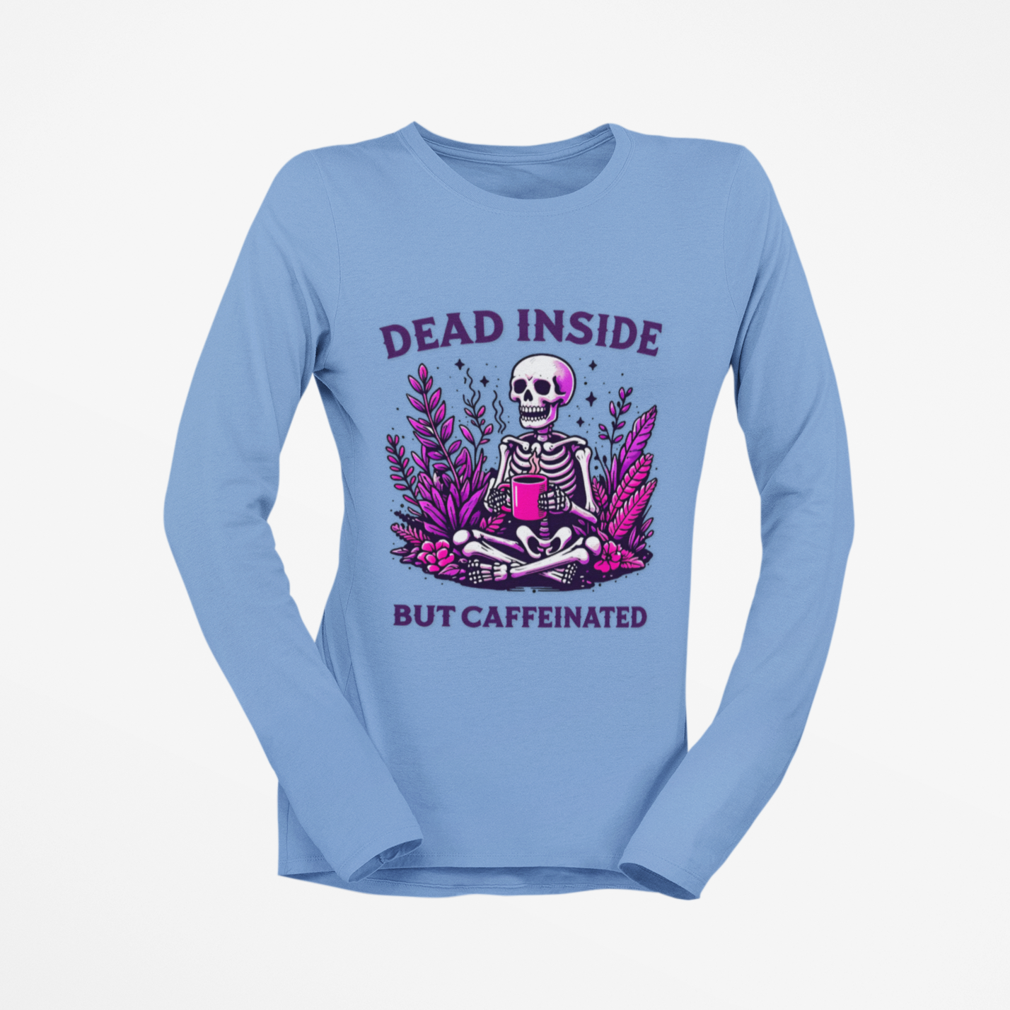 Blue long-sleeve shirt with a graphic design featuring a skeleton and text on a white background