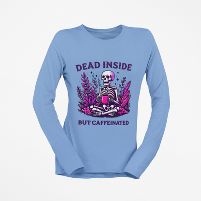 Blue long-sleeve shirt with a graphic design featuring a skeleton and text on a white background