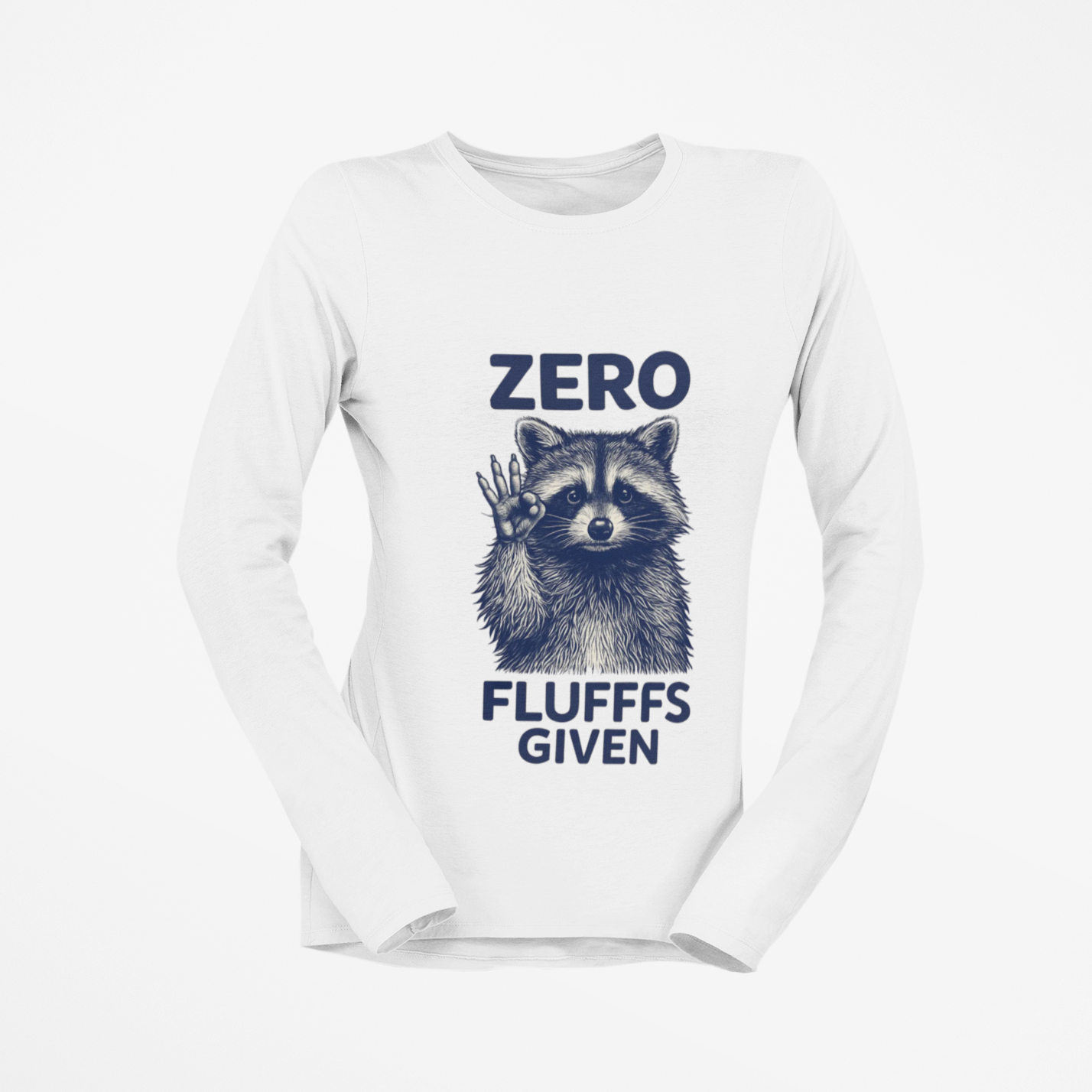 White long-sleeve shirt with a raccoon graphic and text on a white background