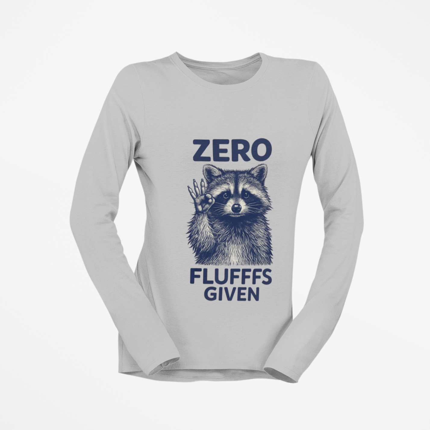 Gray long-sleeve shirt with a raccoon graphic and text on a white background