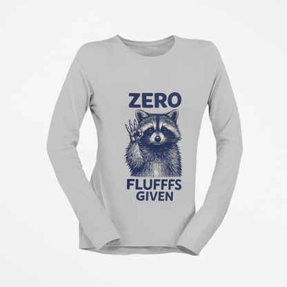 Gray long-sleeve shirt with a raccoon graphic and text on a white background