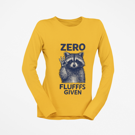 Yellow long-sleeve shirt with a raccoon graphic and text on a white background