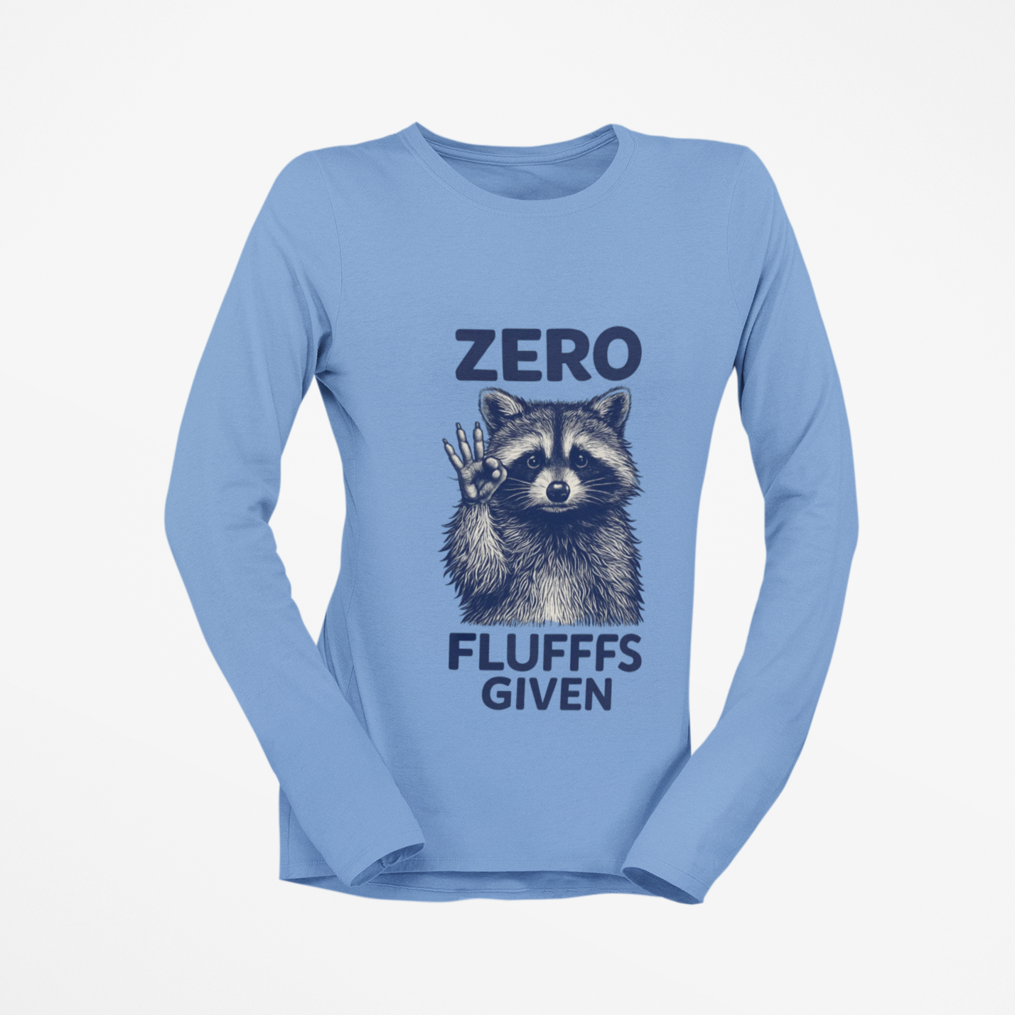 Blue long-sleeve shirt with a raccoon graphic and text on a white background
