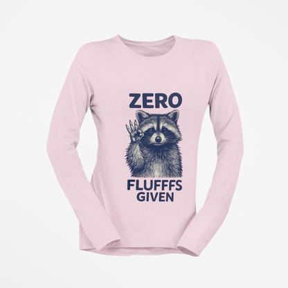 Pink long-sleeve shirt with raccoon graphic and text on a white background