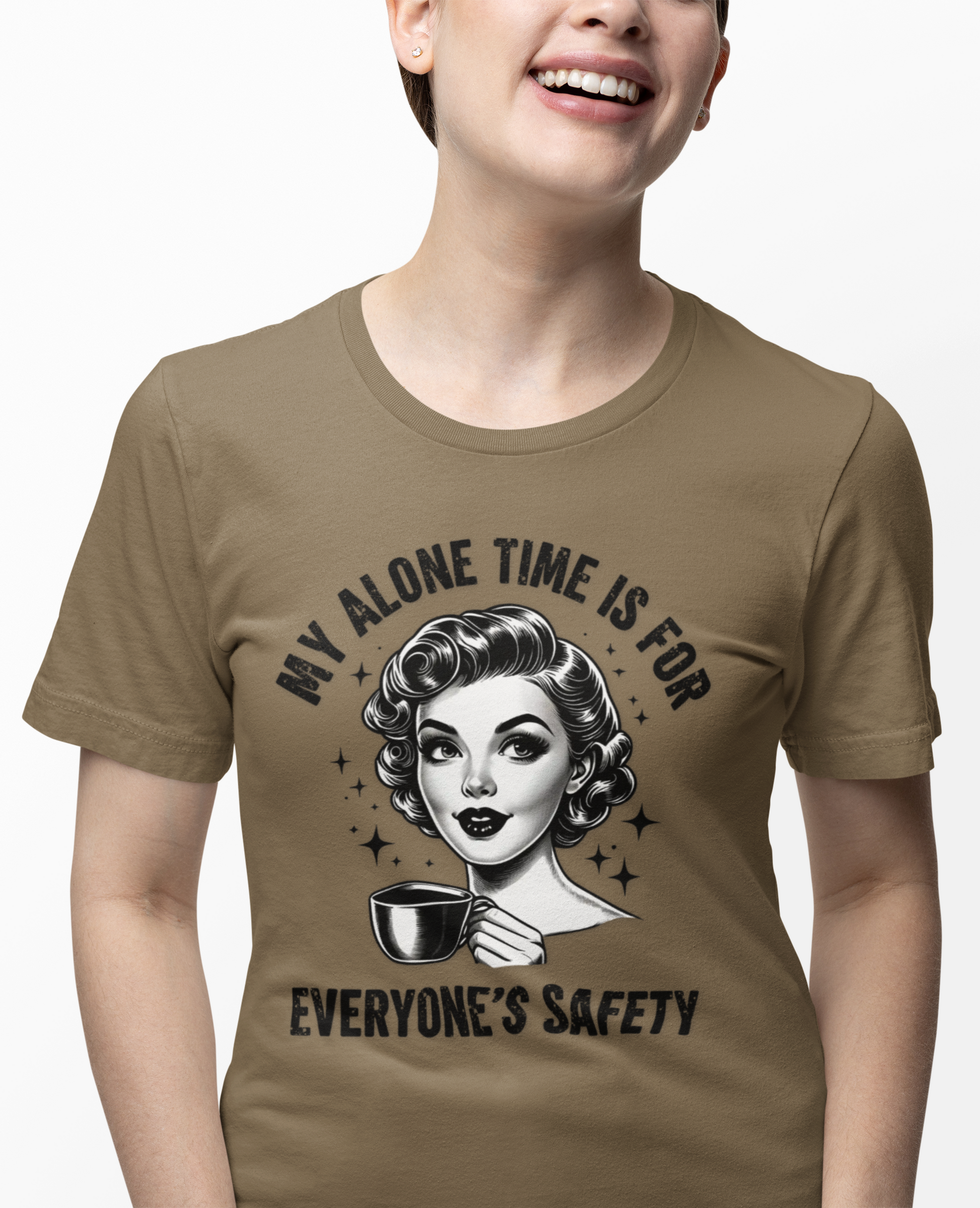 Person wearing a brown t-shirt with a graphic design and text.