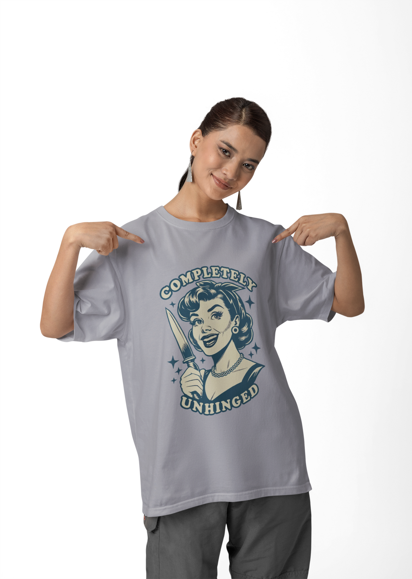 Woman wearing a gray t-shirt with a graphic design and text on a white background