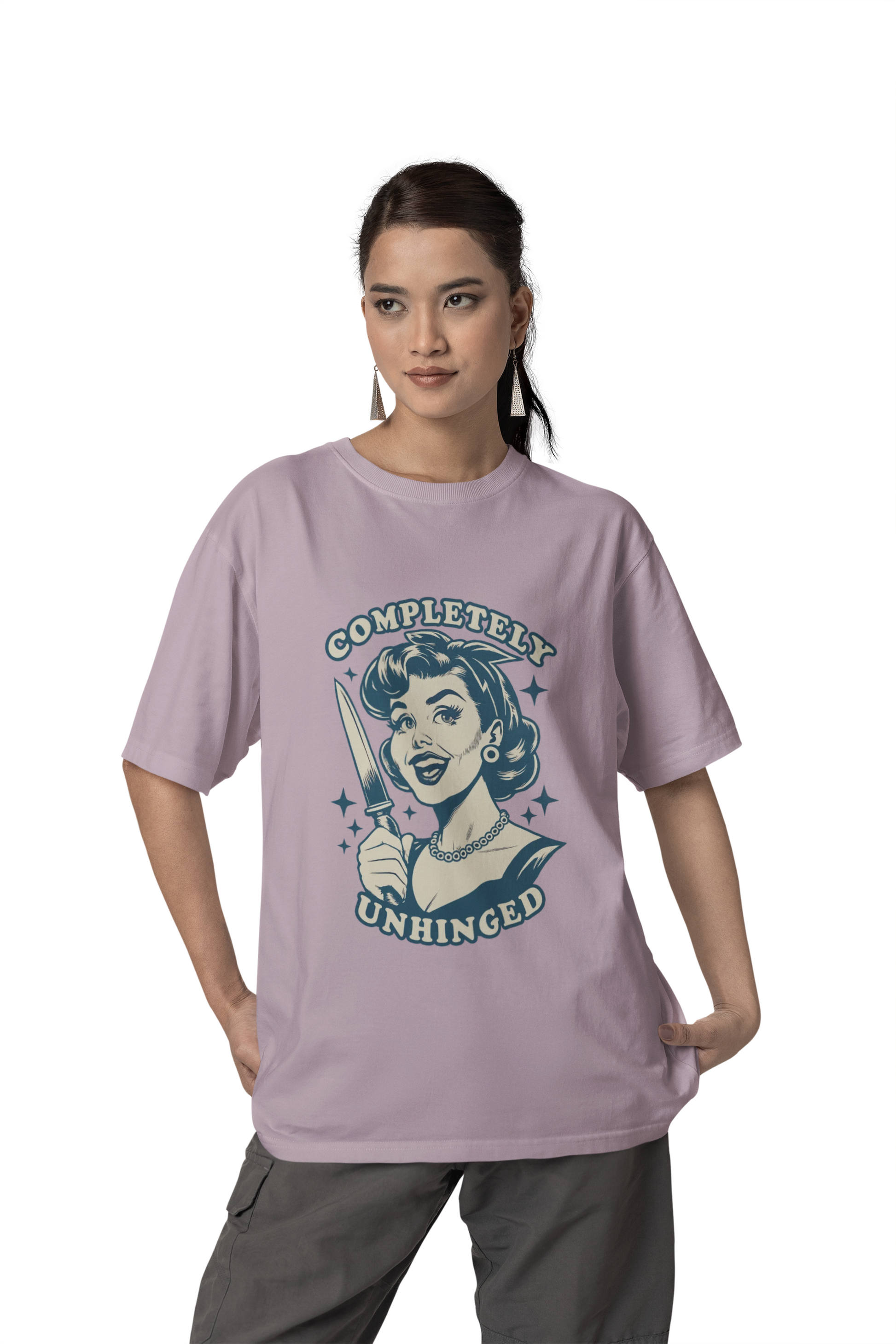 Woman wearing a purple t-shirt with graphic design and text on a white background