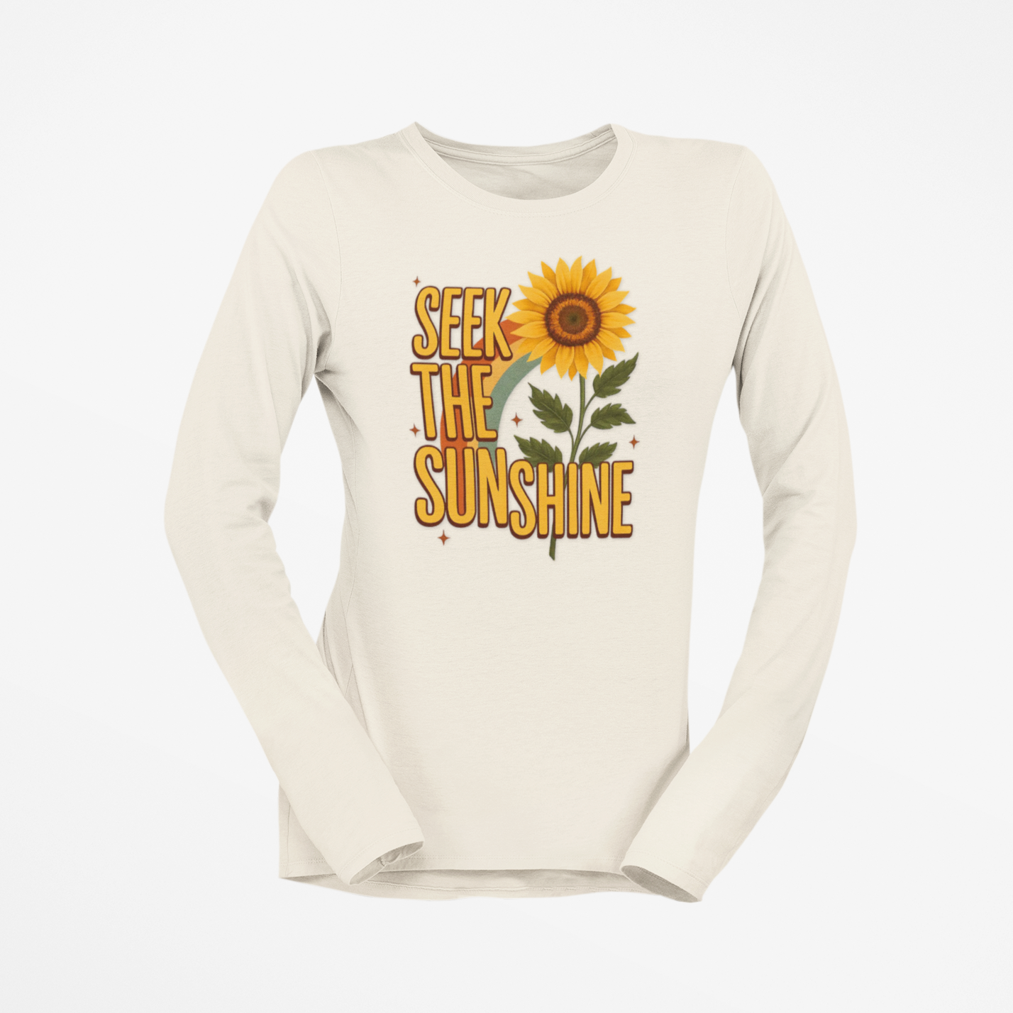 White long-sleeve shirt with sunflower graphic and 'Seek the Sunshine' text on a white background
