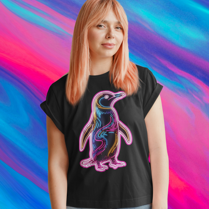 Person wearing a black t-shirt with a colorful penguin design on a multicolored background