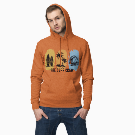 Person wearing an orange hoodie with a graphic design on a white background