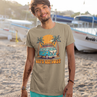 Man wearing a t-shirt with a graphic design on a beach