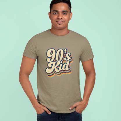 Man wearing a beige t-shirt with '90's Kid' text on a light green background