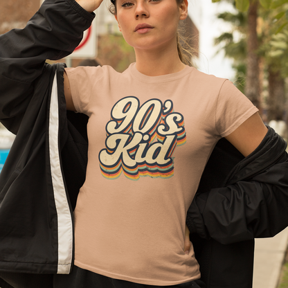 Person wearing a '90s Kid' t-shirt outdoors