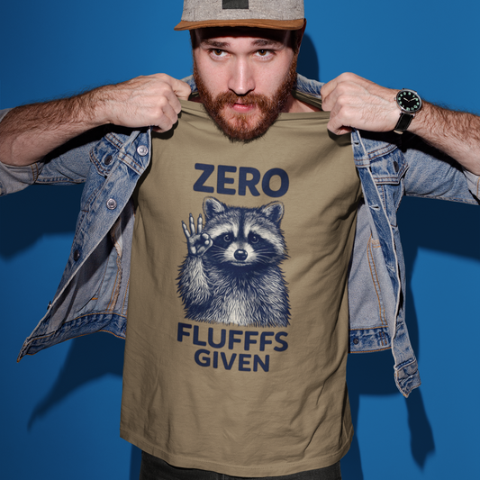 Man wearing a t-shirt with a raccoon graphic and text against a blue background